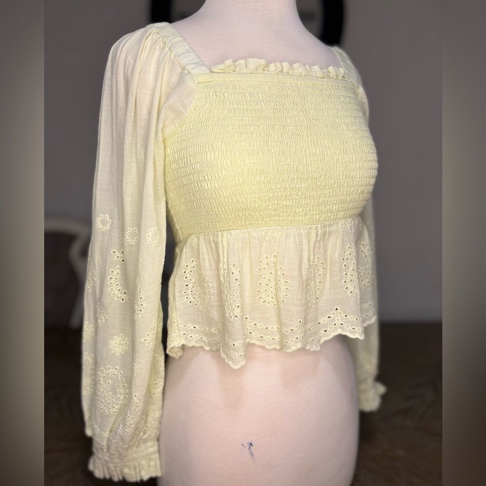 American Eagle Light Cream Smocked Blouse